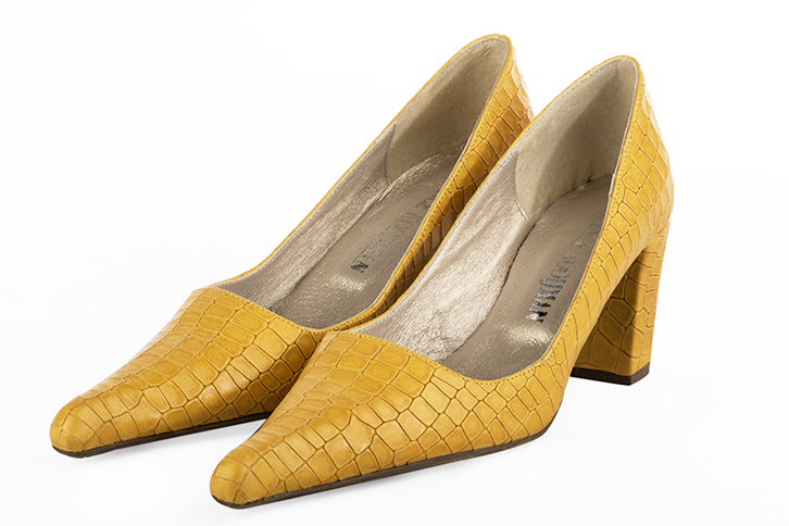 Mustard yellow women's dress pumps,with a square neckline. Pointed toe. Medium block heels. Front view - Florence KOOIJMAN